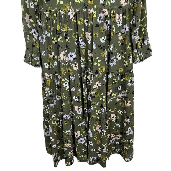 Madewell Floral Cinch-Waist Tiered Midi Dress Sz M Olive Green Wildblooms - Picture 5 of 12